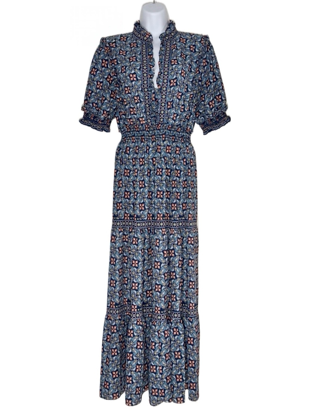 Max Studio Navy and White Patterned Maxi Dress with Pink Accents